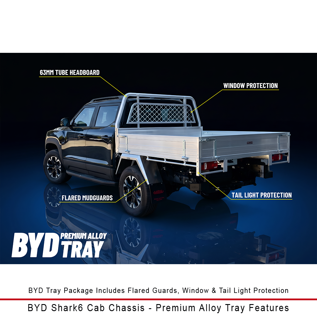 BYD Shark6 with tray package shown on a dark blue reflective studio background, with callout labels pointing to headboard, window protection, flared mudguards, and tail light protection. Large text at the bottom reads BYD Premium Alloy Tray.