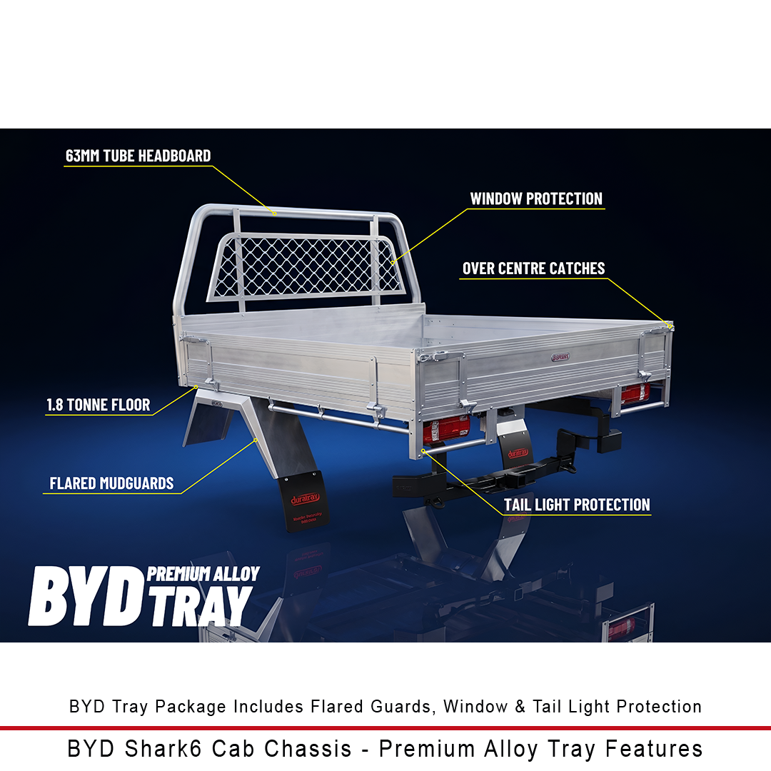 A labeled product feature graphic showing a silver BYD Aluminium tray on a dark blue background, with callouts pointing to headboard, window protection, centre catches, mudguards, tail light protection, and floor area. Large BYD branding appears at the bottom.