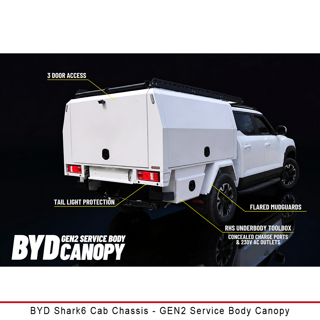 White BYD Shark6 cab chassis fitted with a GEN2 service body canopy, shown from the rear three-quarter angle on a black background with callout labels and the BYD Canopy branding.