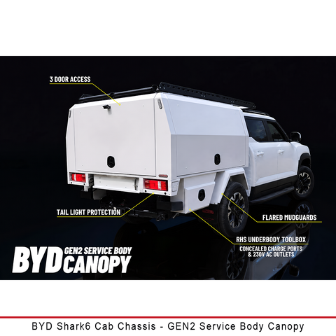 White BYD Shark6 cab chassis fitted with a GEN2 service body canopy, shown from the rear three-quarter angle on a black background with callout labels and the BYD Canopy branding.