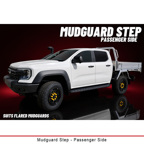 Duratray passenger-side Mudguard Step for flared mudguards, laser cut 3mm steel with reinforced mount and non-slip surface