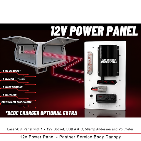 Duratray 12V Power Panel for Panther Service Body Canopy with 12V socket, USB, 50A Anderson and voltmeter - Shown with optional DCDC charger