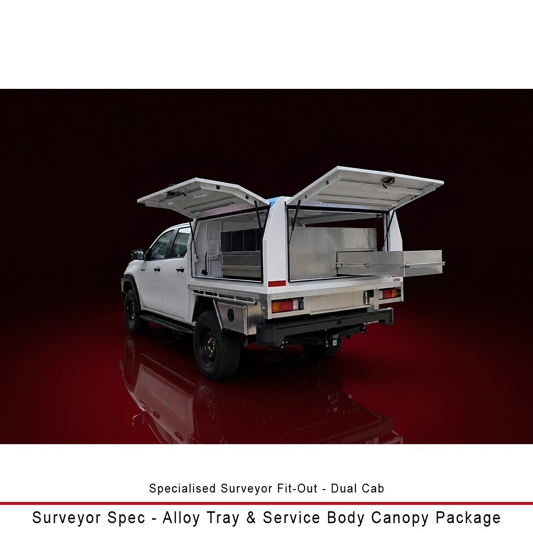 Duratray Surveyor Spec alloy tray and Gen2 service body canopy with gullwing doors, slide-out drawers and dedicated surveying equipment storage