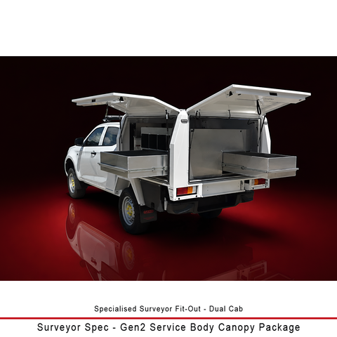 Duratray Surveyor Spec Gen2 service body canopy with slide-out drawers and dedicated storage for surveying equipment