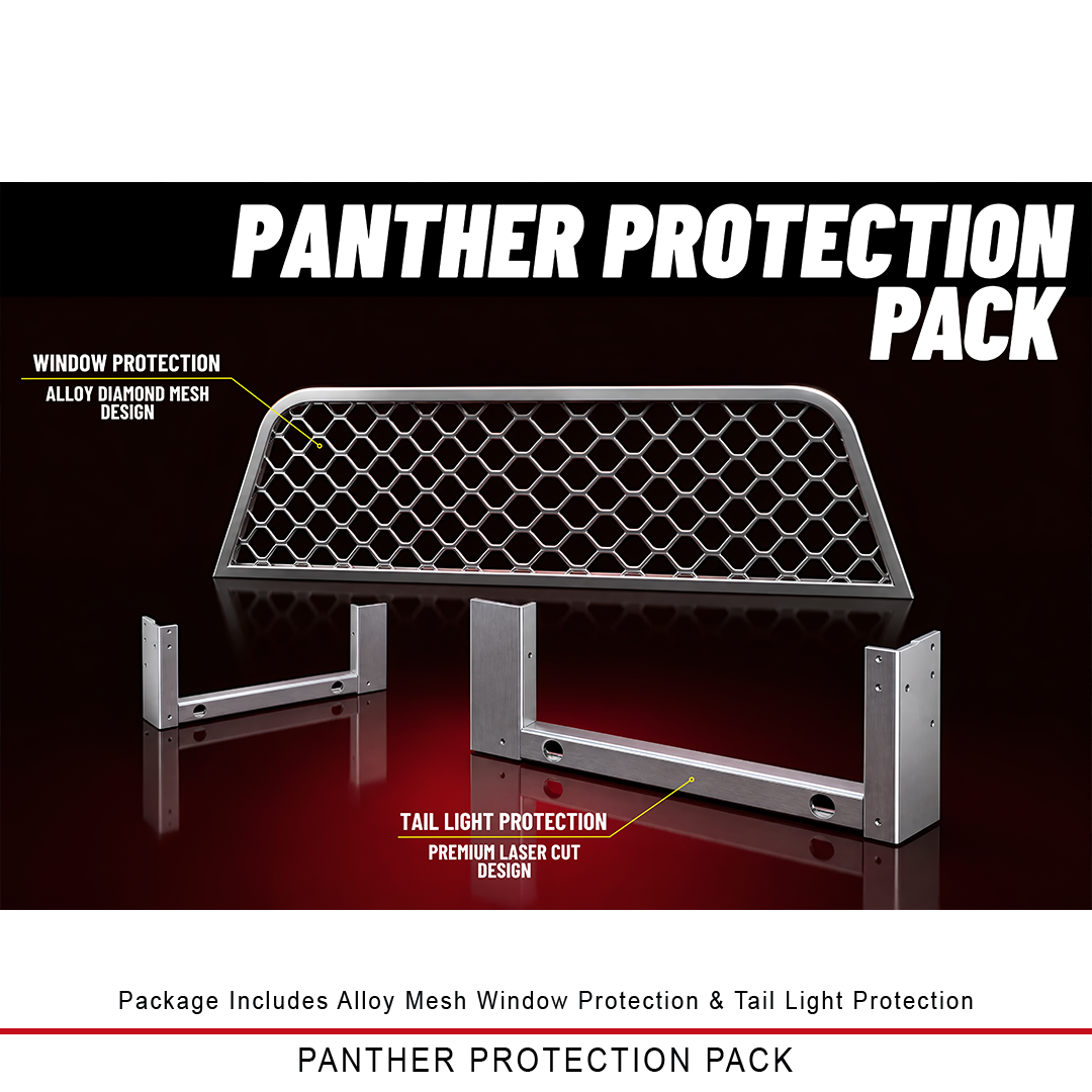 Duratray Panther Protection Pack featuring alloy rear window mesh protection and laser-cut tail light protection on an Oz Panther Premium Alloy Tray