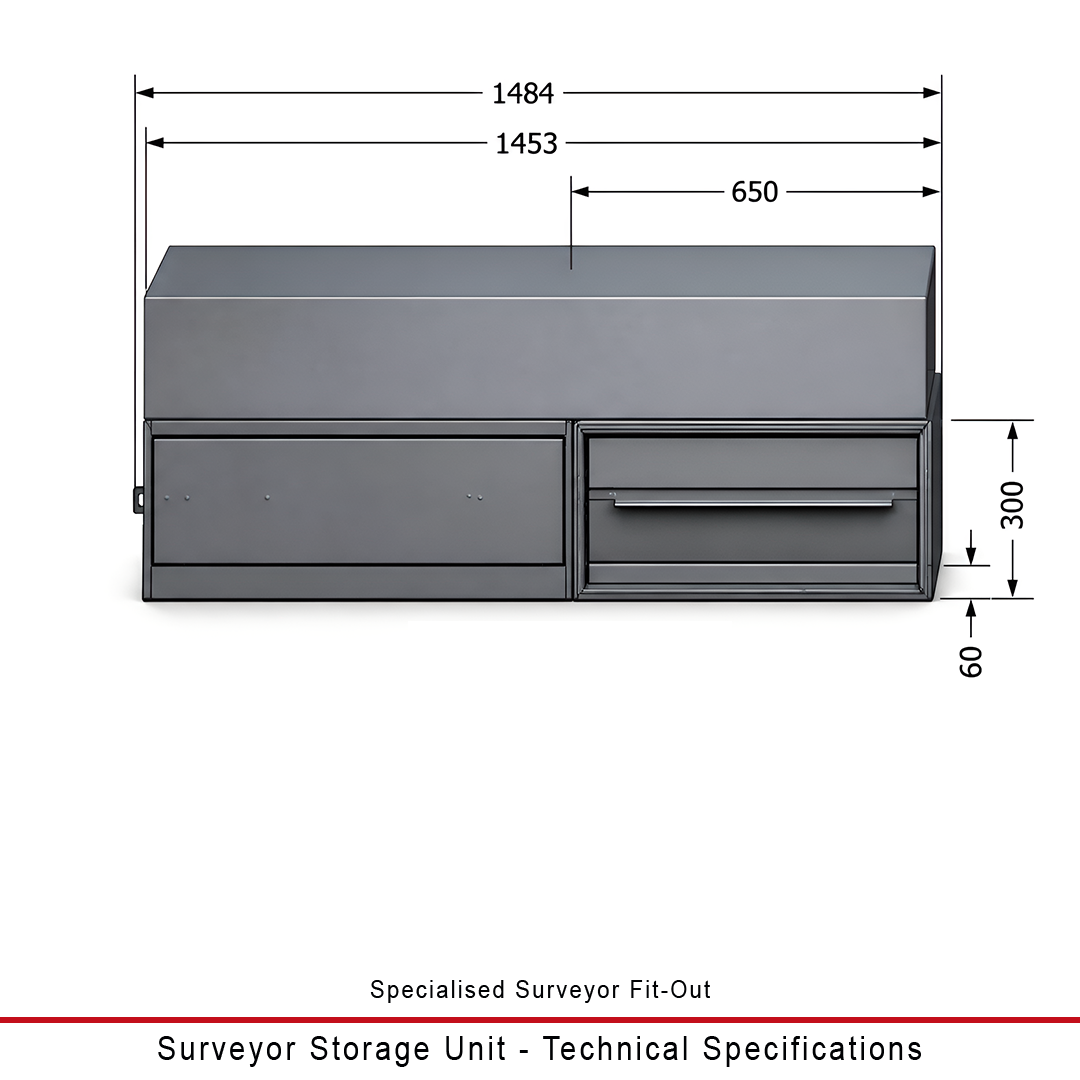 Technical specification diagram of the rear view of the Duratray surveyor storage unit with a single drawer and four open compartments, showing dimensions in millimeters with labels on a white background.