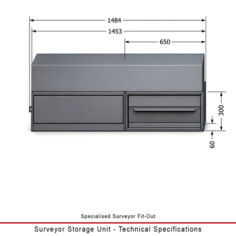 Technical specification diagram of the rear view of the Duratray surveyor storage unit with a single drawer and four open compartments, showing dimensions in millimeters with labels on a white background.