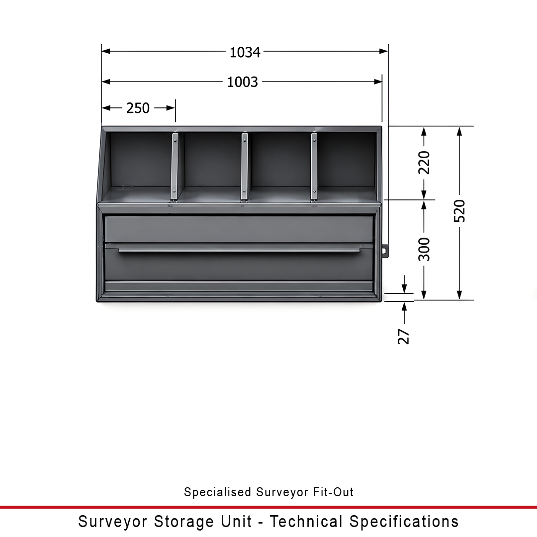 Technical specification diagram of the side view of the Duratray surveyor storage unit with a single drawer and four open compartments, showing dimensions in millimeters with labels on a white background.