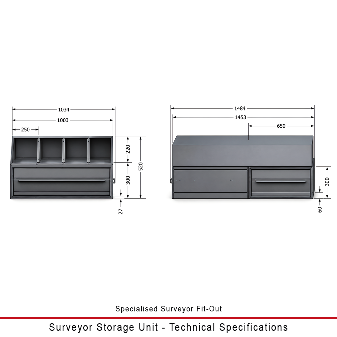 Technical specification diagram of the  Duratray surveyor storage unit with a single drawer and four open compartments, showing dimensions in millimeters with labels on a white background.