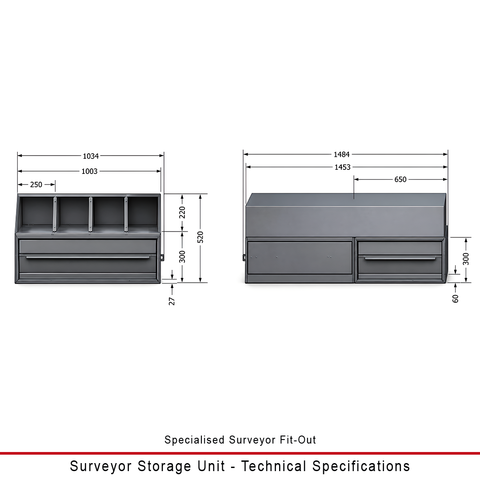 Technical specification diagram of the  Duratray surveyor storage unit with a single drawer and four open compartments, showing dimensions in millimeters with labels on a white background.