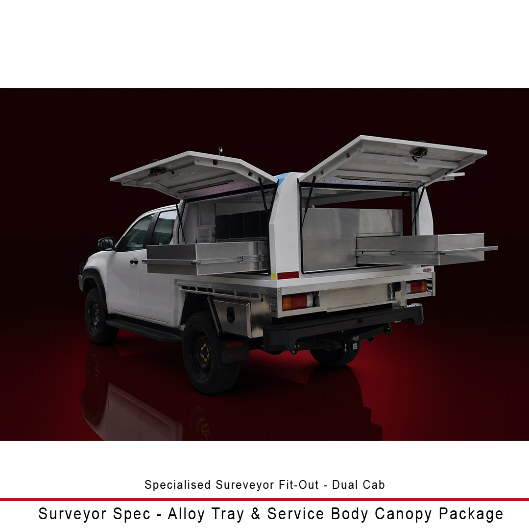 Duratray Surveyor Spec alloy tray and Gen2 service body canopy with gullwing doors, slide-out drawers and dedicated surveying equipment storage