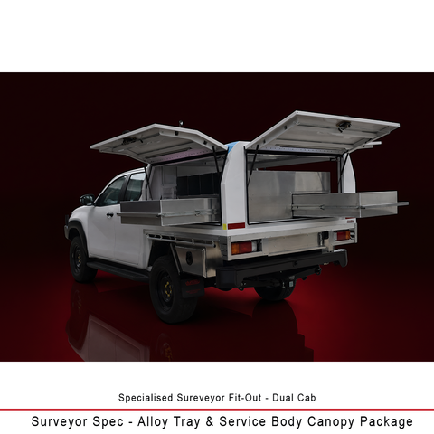Duratray Surveyor Spec alloy tray and Gen2 service body canopy with gullwing doors, slide-out drawers and dedicated surveying equipment storage