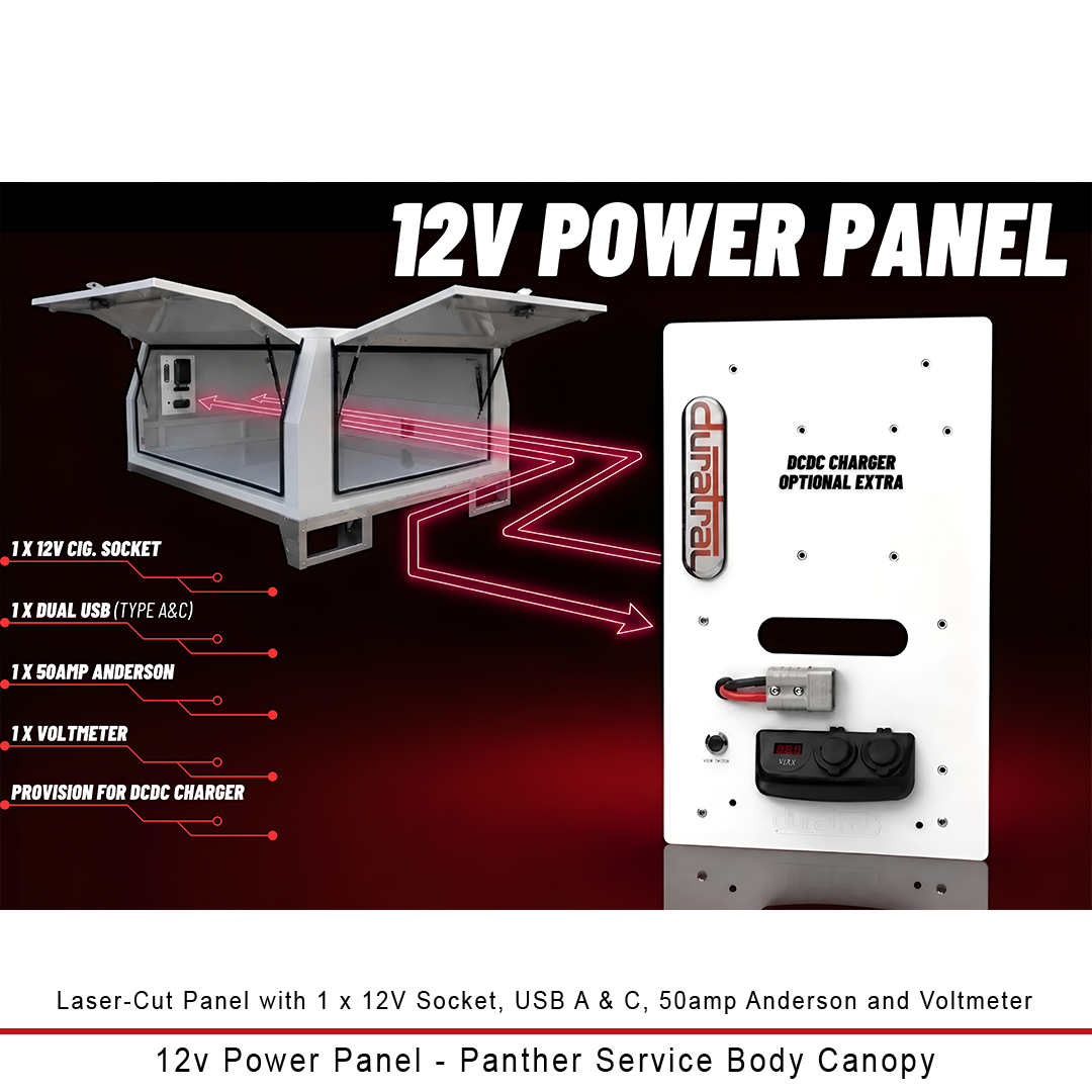Duratray 12V Power Panel for Panther Service Body Canopy with 12V socket, USB, 50A Anderson and voltmeter