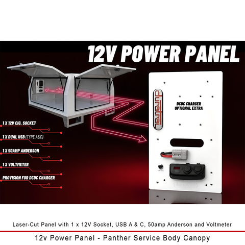 Duratray 12V Power Panel for Panther Service Body Canopy with 12V socket, USB, 50A Anderson and voltmeter