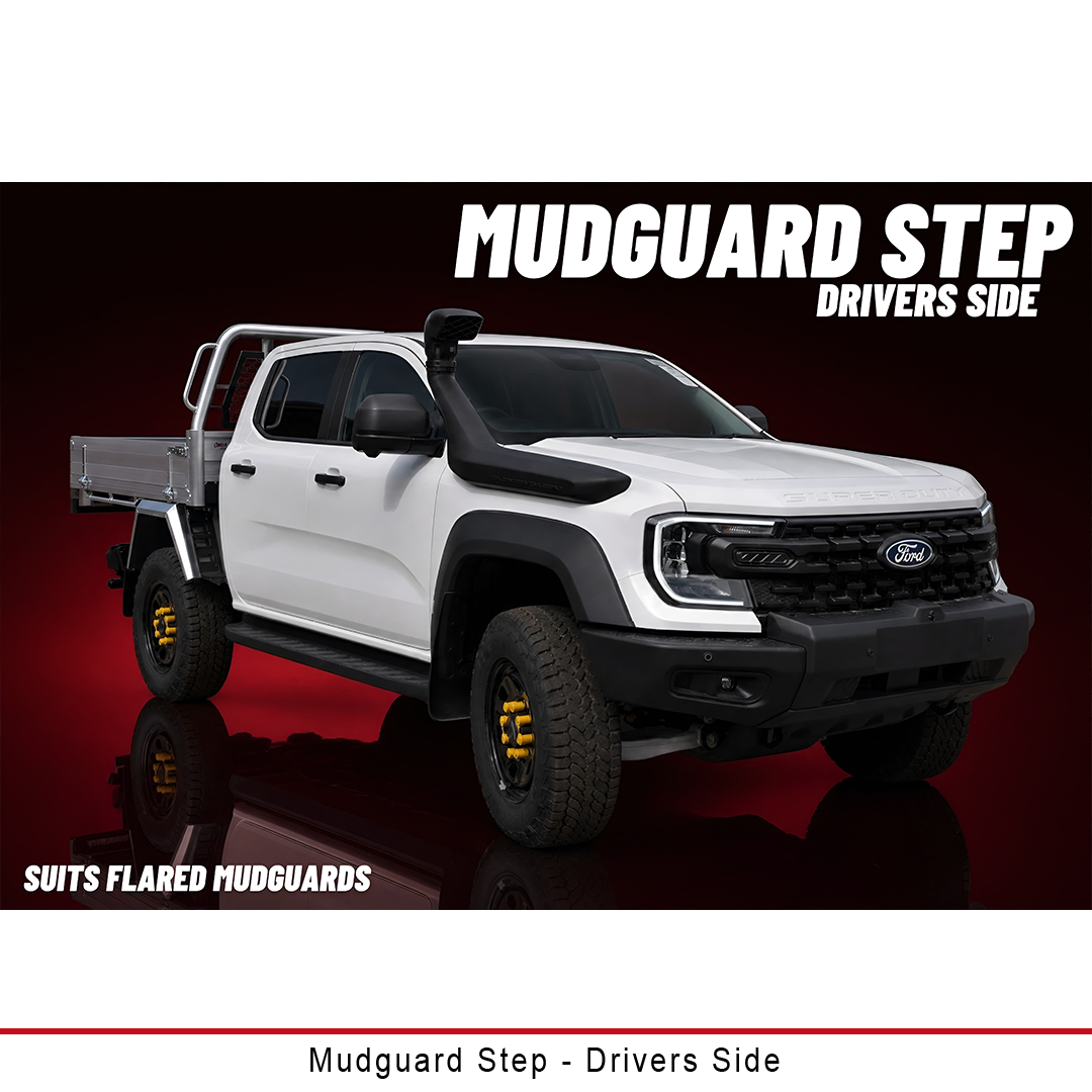 Duratray driver's-side Mudguard Step for flared mudguards, laser cut 3mm steel with reinforced mount and non-slip surface