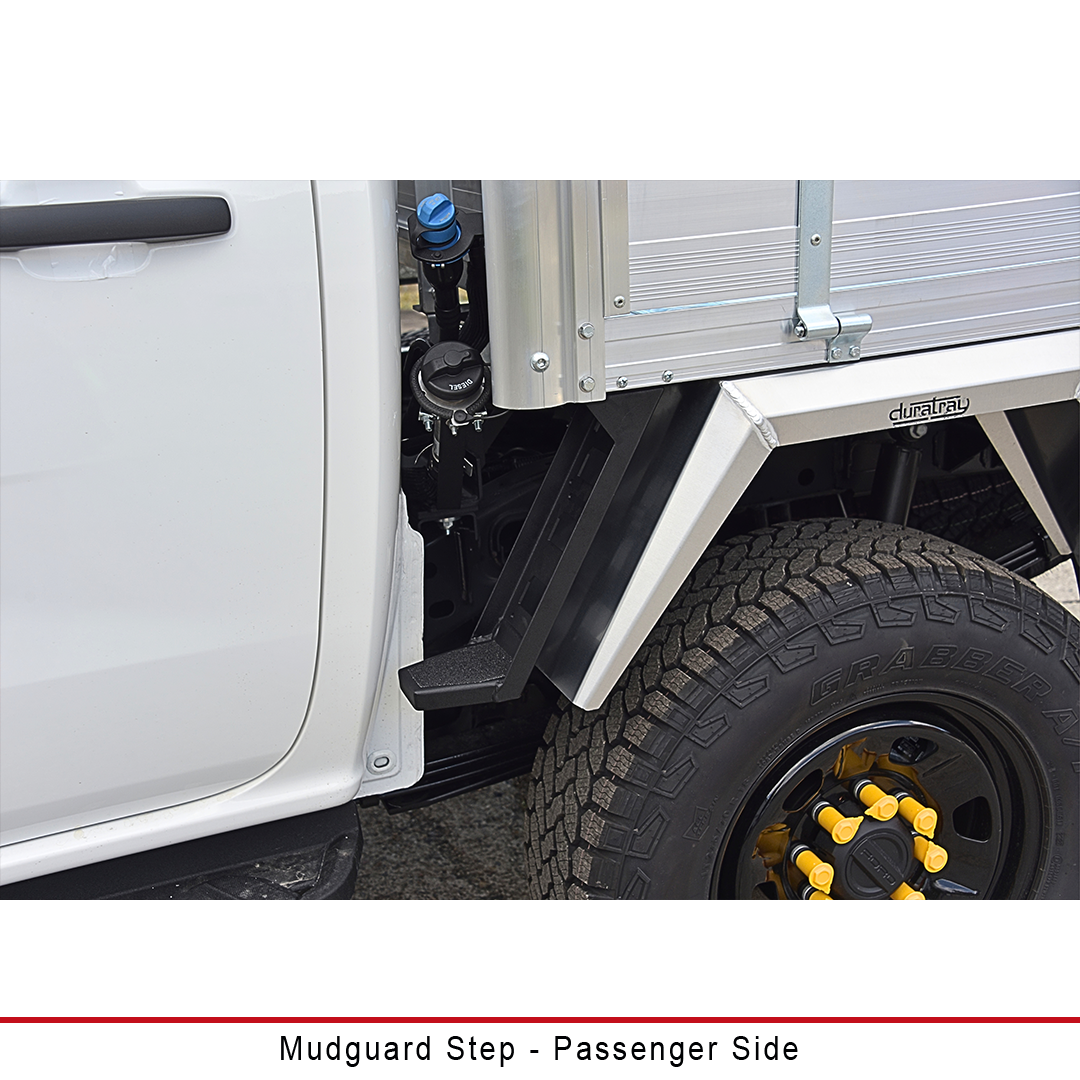 Duratray passenger-side Mudguard Step for flared mudguards, laser cut 3mm steel with reinforced mount and non-slip surface