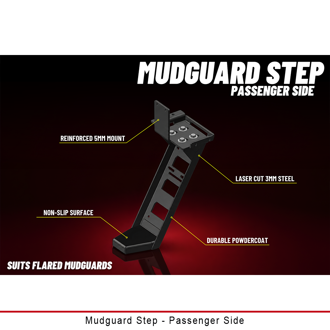 Duratray passenger-side Mudguard Step for flared mudguards, laser cut 3mm steel with reinforced mount and non-slip surface