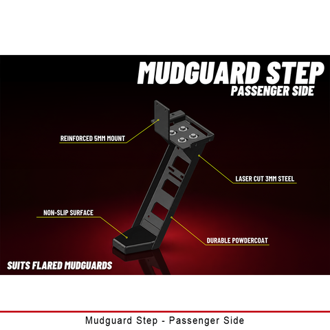Duratray passenger-side Mudguard Step for flared mudguards, laser cut 3mm steel with reinforced mount and non-slip surface
