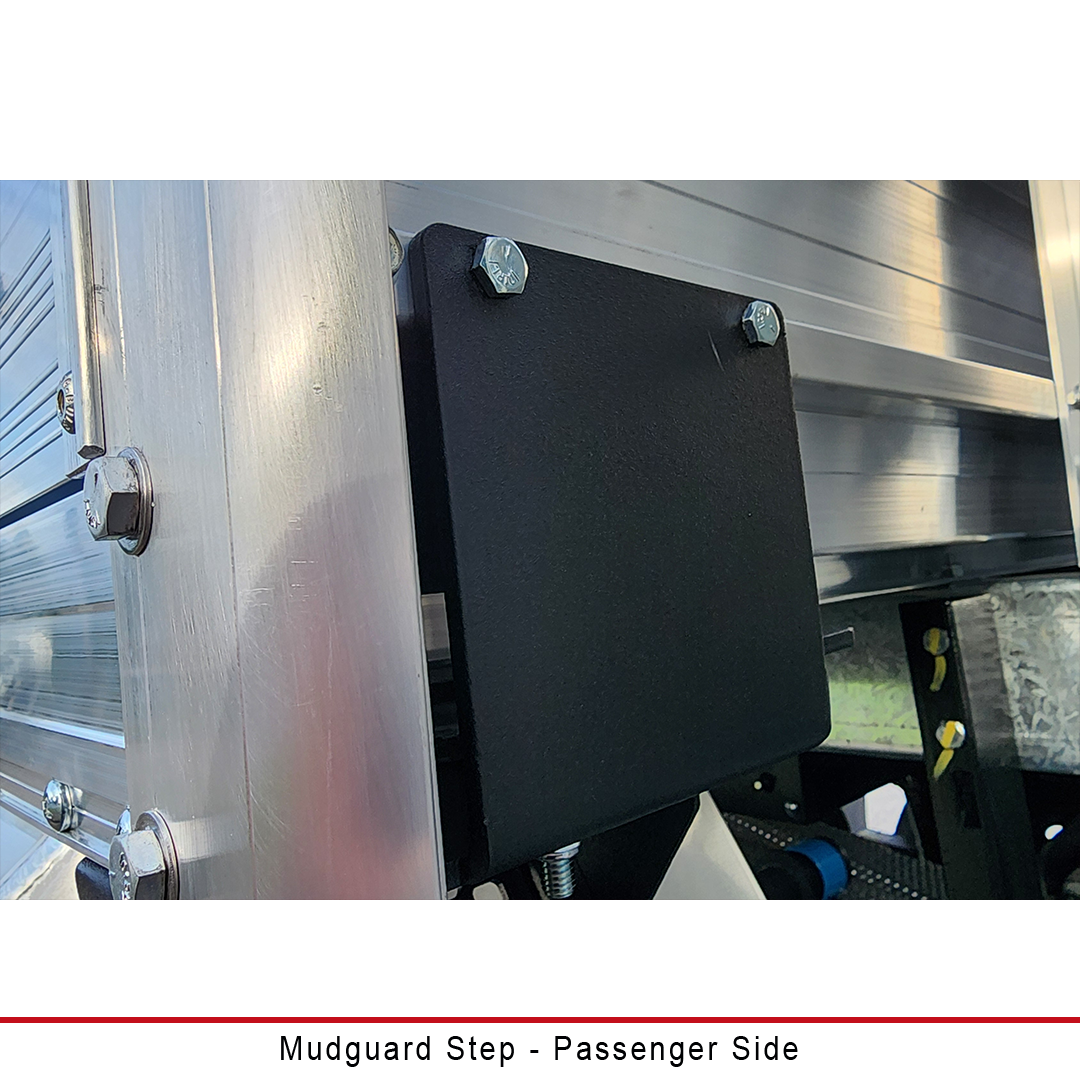Duratray passenger-side Mudguard Step for flared mudguards, laser cut 3mm steel with reinforced mount and non-slip surface