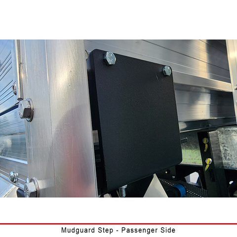 Duratray passenger-side Mudguard Step for flared mudguards, laser cut 3mm steel with reinforced mount and non-slip surface