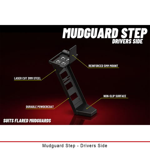 Duratray driver's-side Mudguard Step for flared mudguards, laser cut 3mm steel with reinforced mount and non-slip surface